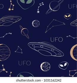 Vector seamless pattern with cosmic objects on a dark blue background. Hand drawn vector doodles. 
