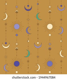 vector seamless pattern of cosmic objects on endless lines in yellow dark purple and green colours, esoteric colored pattern, main colour is yellow