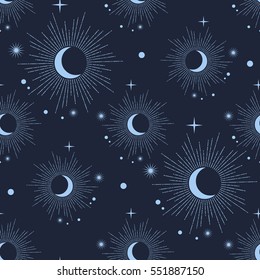 Vector seamless pattern with cosmic objects. Stars and planets on dark background