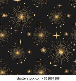 Vector seamless pattern with cosmic objects. Stars and planets on dark background