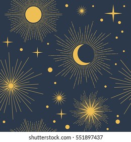 Vector seamless pattern with cosmic objects. Stars and planets on dark background