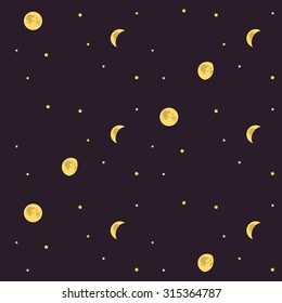 Vector seamless pattern with cosmic theme. Moon in different phases and stars.