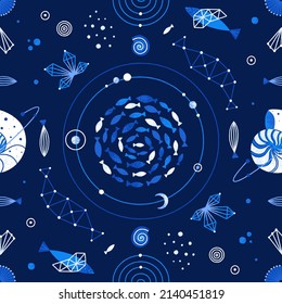 Vector seamless pattern of cosmic underwater life. Space blue background with sea animals such as fish, seashells. Ocean creatures are decorated with stars, constellations. Wallpaper, wrapping paper