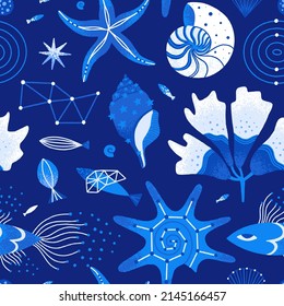Vector seamless pattern of cosmic underwater life. Space background with sea animals such as fish, seashells, seaweed. Ocean creatures are decorated with stars, constellations. Blue, white colors