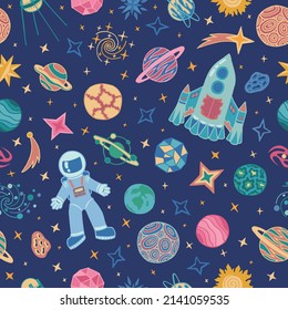 Vector seamless pattern with cosmonaut, rocket, planets, sun, comets, stars. Сute childish cosmic illustration with astronaut and rocket in universe. Space elements on the starry dark background.