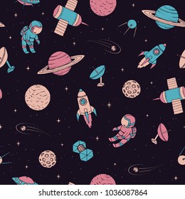 Vector seamless pattern with cosmonauts, satelites, rockets, planets, moon, falling stars and UFO in sketchy style. Cosmic elements on the starry dark background. Space travel.