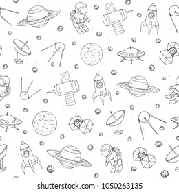 Vector seamless pattern with cosmonauts, satelites, rockets, planets, moon, falling stars and UFO contours. Cosmic background for education and science portals in sketchy style. Galactic trip theme.