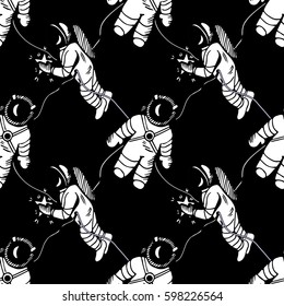 Vector seamless pattern with cosmonauts in space. Black and white illustration.