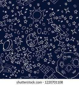Vector seamless pattern with cosmos objects on dark background, sketch imitation, doodle effect, endless texture for fashion design, fabric, textile, clothes