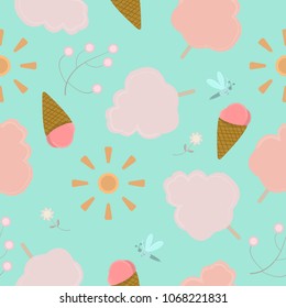 Vector seamless Pattern. cotton candy, sugar cloud, ice cream gentle soft and cute concept. Fashion print for summer style with green background.
