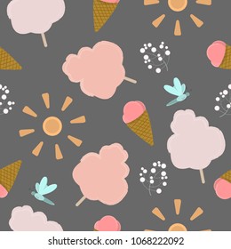 Vector seamless Pattern. cotton candy, sugar cloud, ice cream gentle soft and cute concept. Fashion print for summer style with gray background.