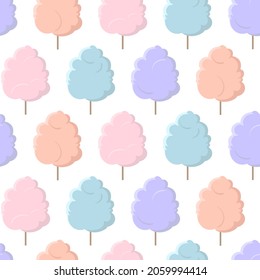 Vector seamless pattern with cotton candy isolated on white background. Trendy colorful flat illustration for textile design, packaging and wrapping paper.