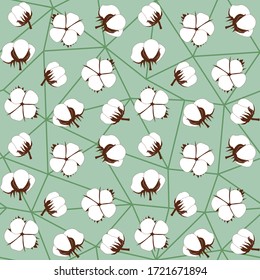 Vector seamless pattern with cotton flowers on a green background. Design template for wallpaper, wrapping paper, packaging, printing on fabric, textile, clothes, bags and other fashion products