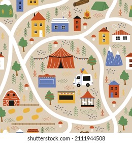 Vector seamless pattern of countryside village map with houses, fair, circus, farm, river and mountains. Kids game, rug template. Cute doodle town maze illustration