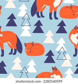 Vector seamless pattern with a couple of foxes in the forest among the trees