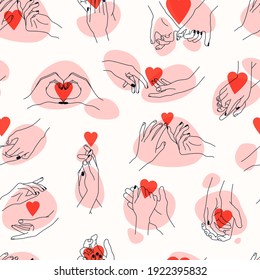 Vector seamless pattern with couple and friends holding hands, hearts, colored strokes. Trendy background for design of fabric, packaging, phone case, notebook covers, wrapping paper. Line art