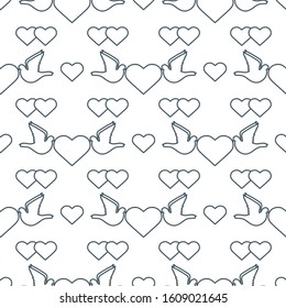 Vector seamless pattern Couple of pigeon with heart. Valentine's day, wedding, Birthday, Mother's day, Father's day Romantic background Flying dove bird Love concept Design for wrapping, fabric, print
