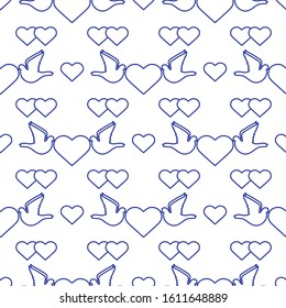 Vector seamless pattern Couple of pigeon with heart. Valentine's day, wedding, Birthday, Mother's day, Father's day Romantic background Flying dove bird Love concept Design for wrapping, fabric, print