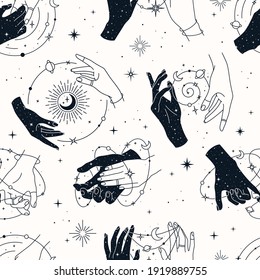 Vector seamless pattern with couple and single hands,  constellations, sun, moons and stars. Trendy background for design of fabric, packaging, phone case, notebook covers, astrology, wrapping paper.