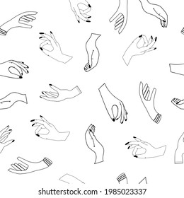 Vector seamless pattern with couple and single hands, planets, constellations, sun, moons and stars. Trendy background for design of fabric, packaging, phone case, astrology, wrapping paper.