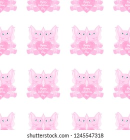 Vector seamless pattern with couple of sitting happy pink elephants with decorative Heart with text Happy Valentines Day. Isolated on the white background.