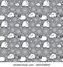 Vector seamless pattern. Cow or bull, symbol of 2021 year, and snowflakes. Christmas wrapping paper or textile concept, isolated on grey background