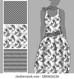 Vector seamless pattern with a cow or deer, roe deer or other artiodactyl, polka dots for printing on clothes and textil. A set for print on T-shirts, bags and and other fashion products.