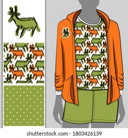 Vector seamless pattern with a cow or deer, roe deer or other artiodactyl, polka dots for printing on clothes and textil. A set for print on T-shirts, bags and and other fashion products.