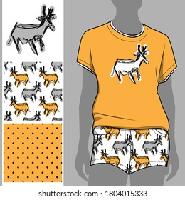 Vector seamless pattern with a cow or deer, roe deer or other artiodactyl, polka dots for printing on clothes and textil. A set for print on T-shirts, bags and and other fashion products.