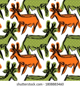 Vector seamless pattern with a cow, deer, roe deer or other artiodactyl.  Print on T-shirts, bags and other fashion products. Design children's clothing and accessories.