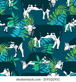 Vector seamless pattern with cow and leaves