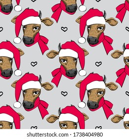 Vector seamless pattern. Vector cow - santa claus with a red cap and scarf. Hand drawn illustration of dressed cow. Happy New Year.