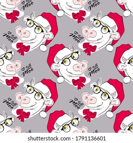 Vector seamless pattern. Vector cow - santa claus with a red cap and glasses. Hand drawn illustration of dressed cow. Happy New Year.