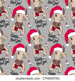 Vector seamless pattern with cow - santa claus with a red cap. Hand drawn illustration of dressed cow. Happy New Year.