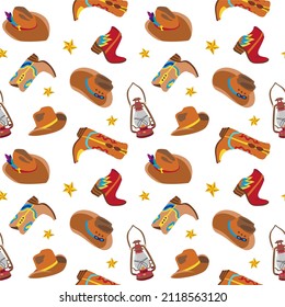 Vector seamless pattern with cowboy boots and hats,vintage lanterns and stars on white background.Wild west design for western events,parties,decoration,wrapping paper,fabrics,textile