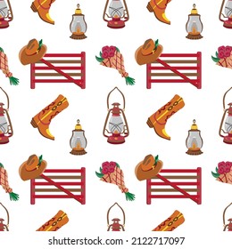 Vector seamless pattern with cowboy boots and hats,barn fence, bouquets and vintage lanterns on white background.Wild west design for western events,parties,decoration,wrapping paper,fabrics,textile