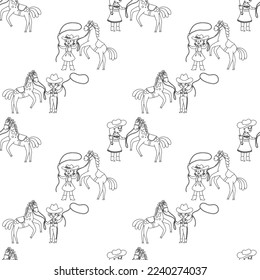 Vector seamless pattern with cowgirl and cowboy on horses. Chidren illustration for fabric, background, wallpaper.