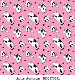 Vector seamless pattern. Cows or bulls, symbol of 2021 year. Wrapping paper or textile concept, isolated on pink background