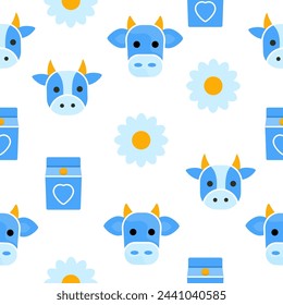 Vector seamless pattern with cows, sun, flowers. World Milk Day. Vector illustration background.