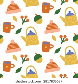 Vector seamless pattern with cozy autumn objects, watering can, mug, hat and acorn