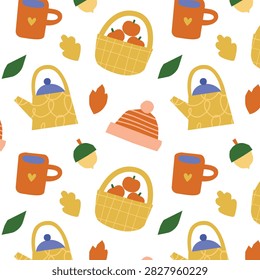Vector seamless pattern with cozy autumn objects, watering can, mug, hat, basket and acorn