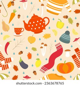 Vector seamless pattern. Cozy hand drawn autumn pictures of seasonal clothing, food and drink, decor. Can be used for wrapping paper, bed linen, notepads, bags, gift paper.