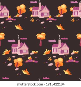 Vector seamless pattern of a cozy home on a gray background. Country house in the village. Perfect for printing fabric, wrapping paper, textile.