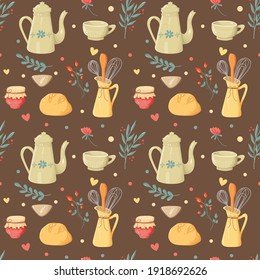 Vector seamless pattern cozy home on a brown background. Teapot, mug, jam, bread, cloth napkin, milk jug, spatula, corolla, leaves, flowers in pastel colors.