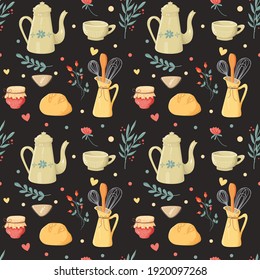 Vector seamless pattern cozy home on a black background. Teapot, mug, jam, bread, cloth napkin, milk jug, spatula, corolla, leaves, flowers in pastel colors.
