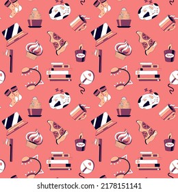 Vector seamless pattern of cozy home sketch isolated illustrations. Coral red background. Different items