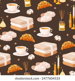 Vector seamless pattern of cozy home relaxing things icons with burning candles,warm drinks,dessert etc.