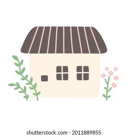 Vector seamless pattern with cozy houses, flowers, leaves and branches on a white background