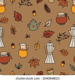 vector seamless pattern cozy print with coffee and tea in autumn. Warming set for autumn with coffee maker, kettle and jug with autumn drinks and fallen leaves