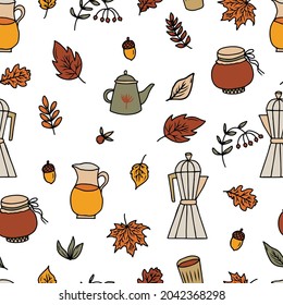 vector seamless pattern cozy print with coffee and tea in autumn. Warming set for autumn with coffee maker, kettle and jug with autumn drinks and fallen leaves